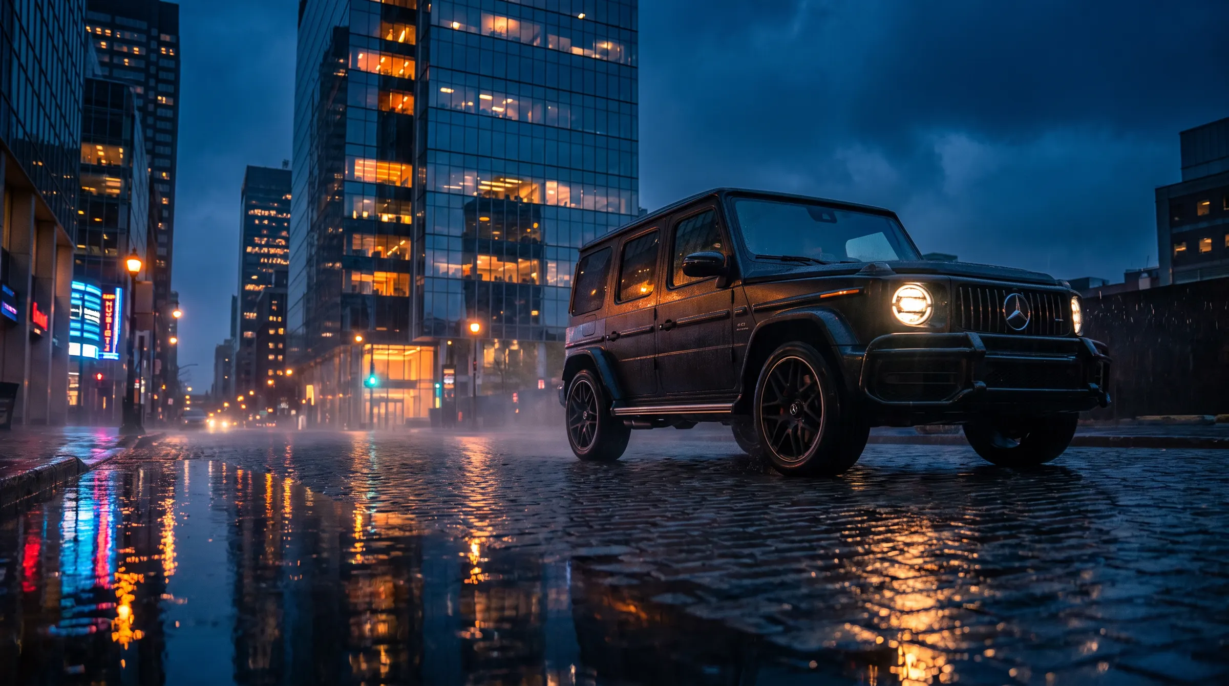 Black Mercedes-AMG G 63 on a wet downtown Montreal street at blue hour