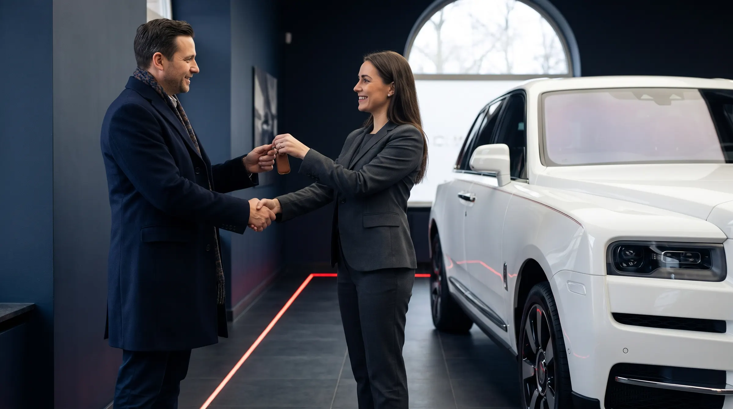 A client receiving the key to a white Rolls-Royce Cullinan