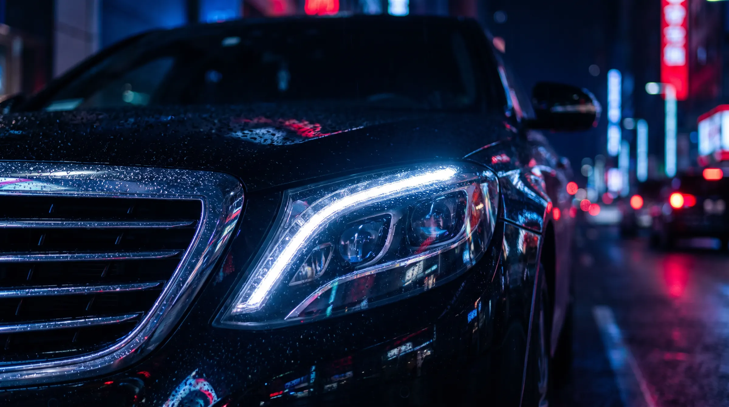 LED headlight of a black SUV at night, rain on the paint